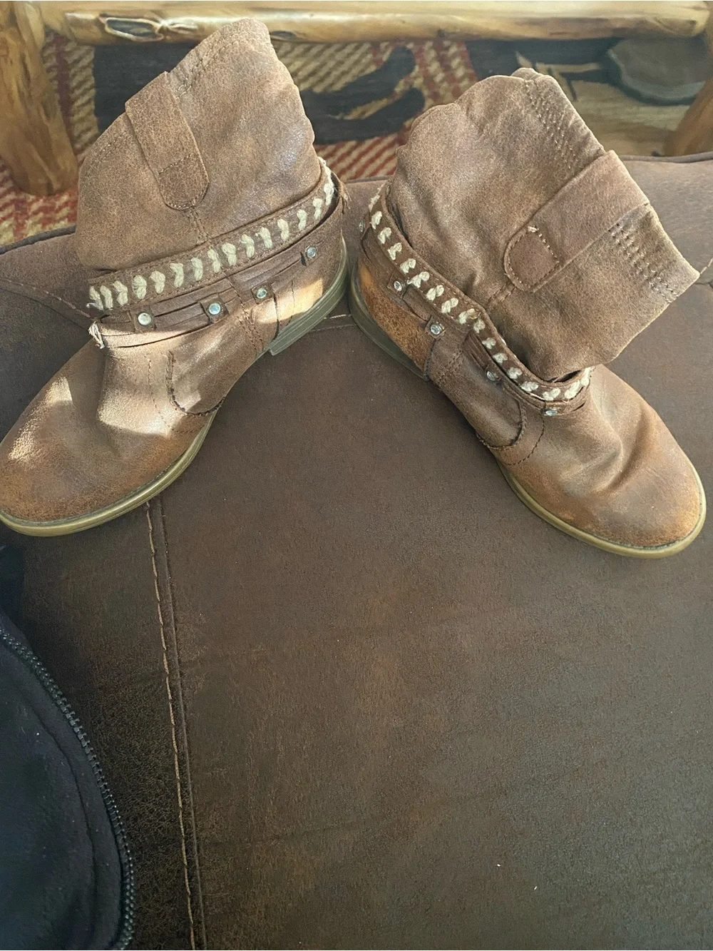 Justice Girls Brown Western Boho Slouchy Booties, Studded Straps Size 13